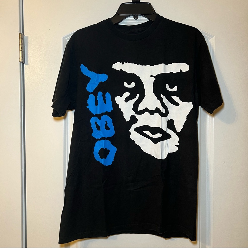 OBEY Andre The Giant Big Face Blue Spell Out Logo AOP T-Shirt Adult Medium Black